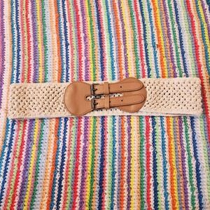 Cream Crochet Belt with Faux Leather Double Buckle